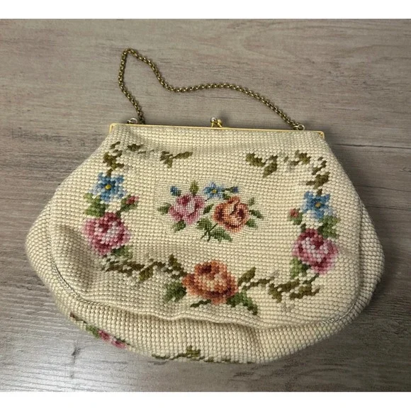 Vintage Needlepoint Floral Clutch Evening Bag Gold‎ Chain Kiss Lock Jewel Accent - Picture 2 of 8